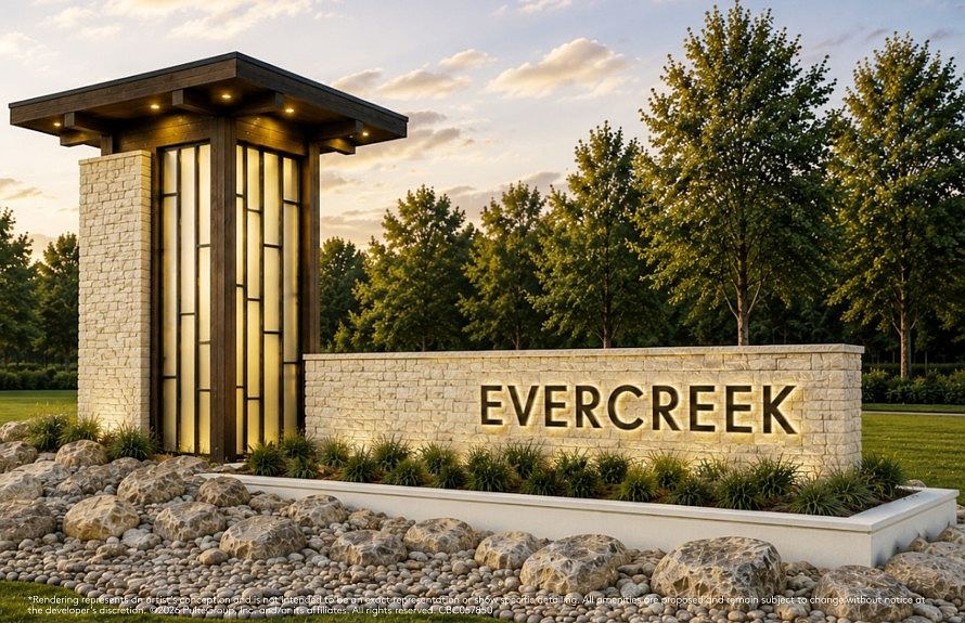 Conceptual rendering of the EverCreek entrance monument, with stone walls, a lit timber tower, and creek-bed boulders