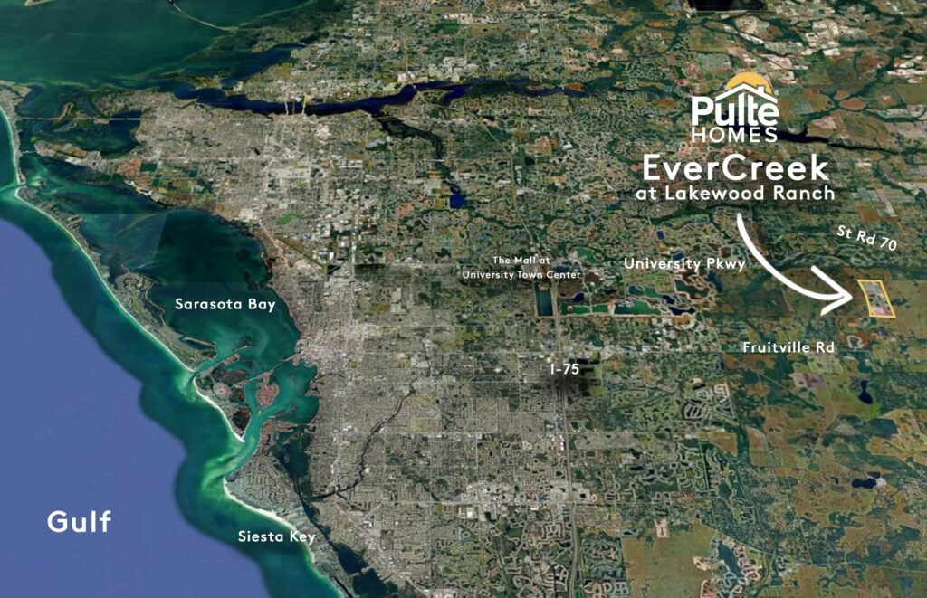 Aerial map showing EverCreek at Lakewood Ranch east of I-75, between University Parkway, Fruitville Road, and State Road 70, relative to UTC, Sarasota Bay, and Siesta Key
